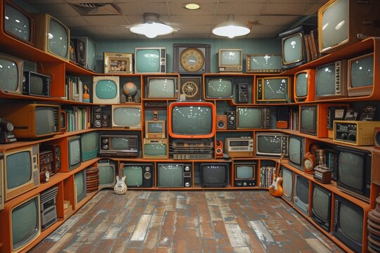A diverse array of vintage televisions arranged in a stacked fashion within an orange-themed room, giving off a nostalgic and retro vibe. The classic sets evoke memories.