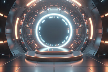 A futuristic 3D render of a podium background, designed with a high-tech and abstract aesthetic