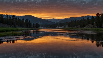 Fototapeta premium The serenity of a sunrise over the Yellowstone River ai_generated