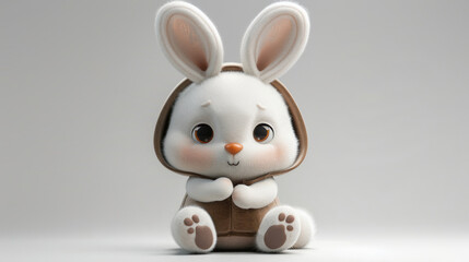 A white rabbit with a brown hood sitting on a white surface