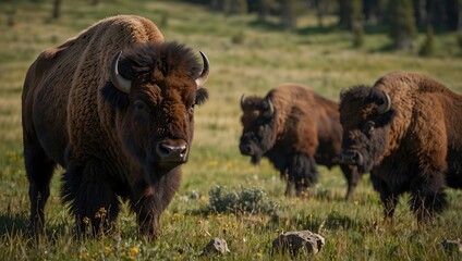 About encountering a bison herd during a hike through Yellowstone's vast meadows  ai_generated
