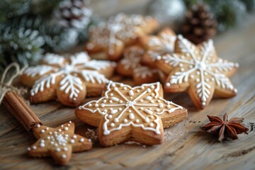 Scandinavian Christmas gingerbread with white icing in the shape of snowflakes and balls. Advertising of Christmas and New Year baking. Card for family or New Year with sweet cookies.