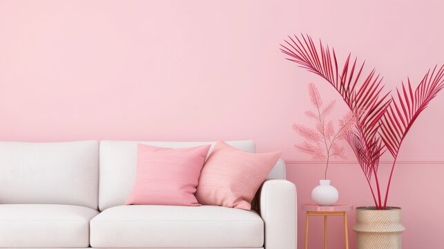 A cozy apartment decorated in soft pink hues, with minimalist furniture and decor creating a warm and inviting atmosphere. The image offers ample copy space for customization, perfect for projects