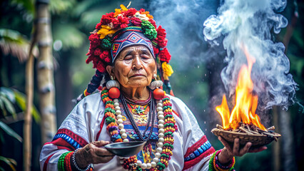 Obraz premium An old female shaman performs a ritual to communicate with the universe. The background looks like the Maya tribe.
