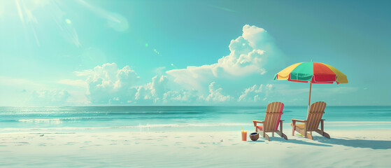 Obraz premium Relaxing Beach Scene with Chairs and Umbrella.