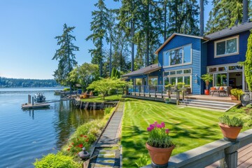 Fototapeta premium A large, modern home with an expansive deck overlooking the water of lake in on a sunny day The house is nestled among tall trees and features blue walls and windows Generative AI