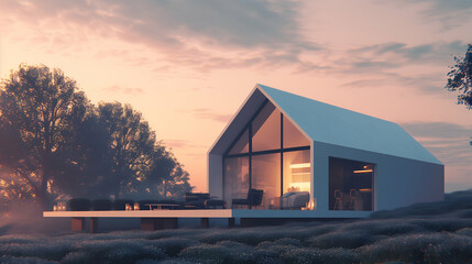 Fototapeta premium Modern House in a Field at Sunset.