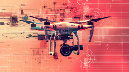 An abstract illustration of a drone equipped with sensors, monitoring vital signs and collecting health data from various parts of the body. 