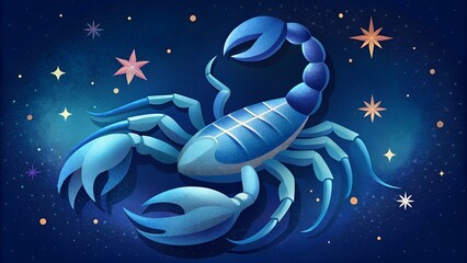 Illustration of a Scorpio zodiac sign on the blue background with bright stars