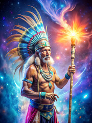 Fototapeta premium An old Mayan shaman holding a staff performs a ritual to communicate with the universe. The background was glowing with lights and spirits floating about.