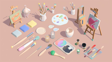 Pastel-colored isometric 3D icons of art tools like brushes and palettes, representing creativity.


