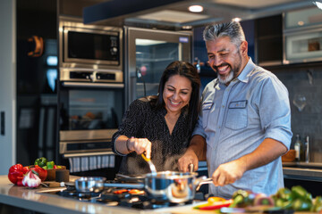 Elderly Hispanic couple cooking together in the kitchen, sharing a joyful moment