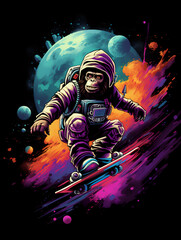 Astronaut monkey space skateboarding illustration, Apes t-shirt design.