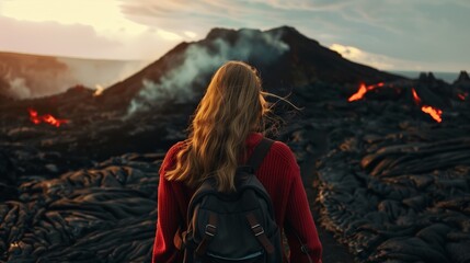 Naklejka premium Adventurous woman hiking in a rugged terrain at sunset, the golden light casting dramatic shadows.