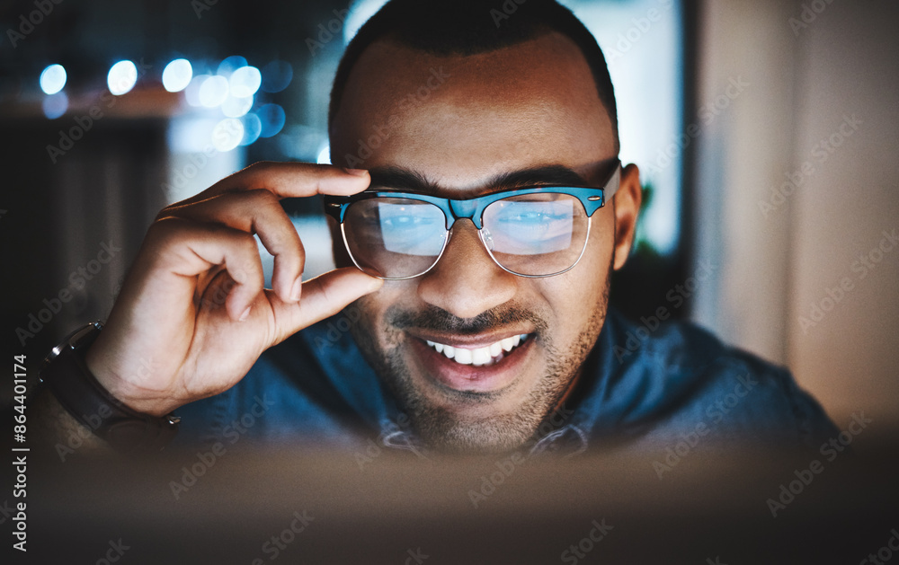 Wall mural Face, black man and home with glasses on computer for remote work as IT specialist, consultant and freelancer. Employee, business and happy with reading on internet for website design and development