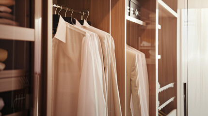 A curated men's wardrobe featuring light-colored suits, shirts, and trousers arranged neatly and stylishly.
