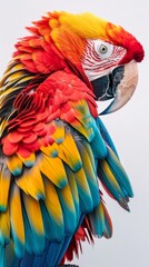 Obraz premium Colorful macaw parrot close-up, vibrant feathers and white background. Exotic bird concept