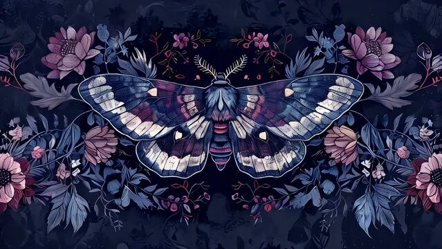 Moth with vines and flowers on a dark background, Shadowed Blossoms style, dark purple, silver, soft blue, inspired by the occult.