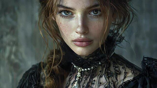 portrait of a 17th century English lady. 30 years old, black dress. Average British face. White pale skin.