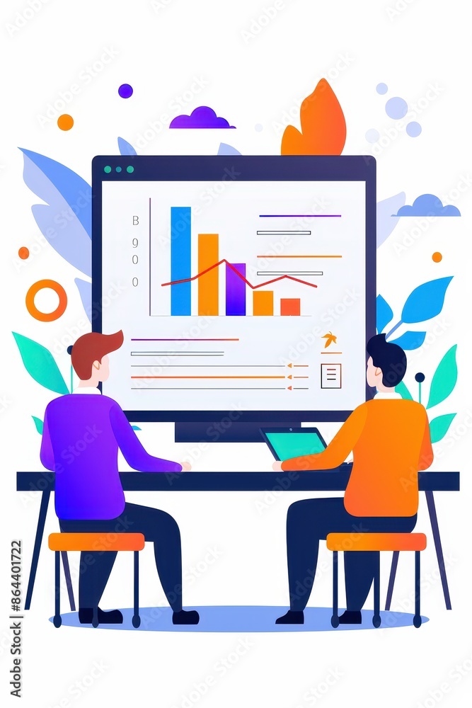 Poster two professionals analyzing data on a computer screen with colorful charts and graphs in a modern of