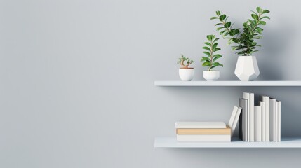 A minimalist gray bookshelf against a blank wall, providing ample copy space for text or design elements.