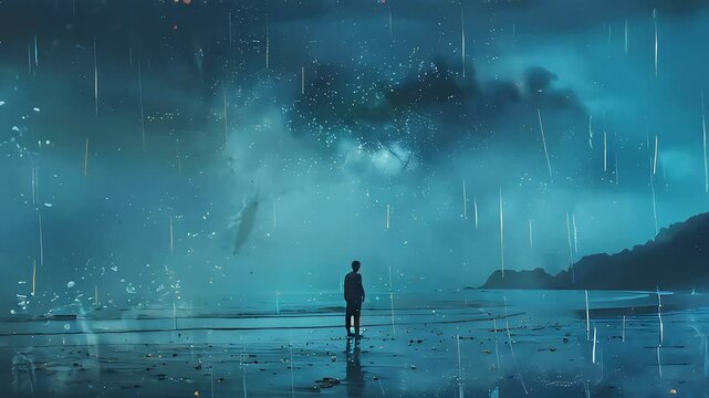 Lone figure on wet surface, reflection, gloomy blue palette, night time, atmosphere of loneliness. dipression, despondency, lost.