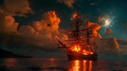 At night, a three-masted sailing ship burns in the sea, the moon shines in the sky, and the stars twinkle above. - Powered by Adobe