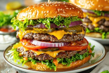 Layered juicy double cheeseburger with fresh lettuce, tomatoes, onions, pickles and melted cheese on white plate, gourmet fast food, restaurant menu