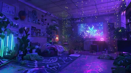 The room with blue and purple lights, starry ceiling, , shelves of books, beds on the floor, a baggy chair and fluffy rugs.