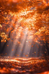 Sunlight streams through vibrant autumn foliage in a forest, creating a warm and captivating scene with falling leaves and rays of golden light.