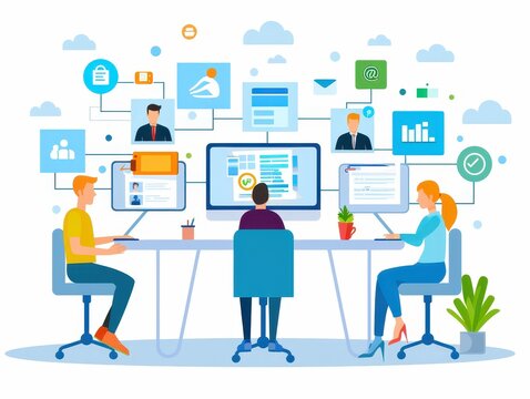 Team collaborating in modern office, using technology and data analytics for efficient workflow and communication.