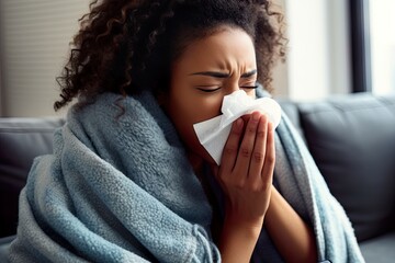 Sick woman at home sitting on the sofa and blowing his nose