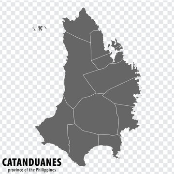 Blank map Catanduanes of Philippines. High quality map Province of Catanduanes with districts on transparent background for your web site design, logo, app, UI.  Republic of the Philippines.  EPS10.