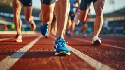 Athletes runner training before tournament in stadium, closeup feet.