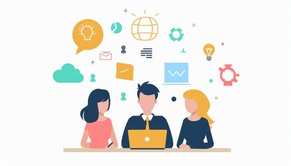 Illustration of three people working together at a computer with various business and tech icons around them, symbolizing teamwork and innovation.