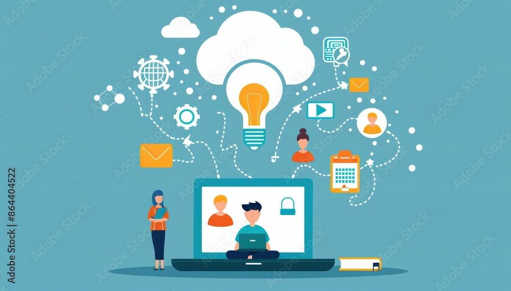 Leinwandbilder illustration of a person using technology for communication, cloud computing, and data sharing on a 