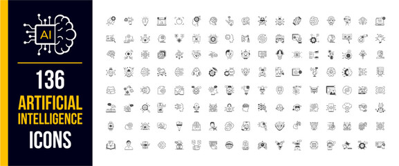 Artificial intelligence icon set. Containing machine learning, data science, AI, virtual assistant, generative AI, technology, Turing test and more. Line vector icons collection.