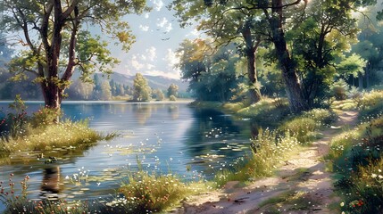 A watercolor painting of a peaceful riverbank with blooming wildflowers, gently flowing water, and tall trees casting dappled shadows on the shore, a serene and tranquil atmosphere.
