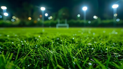 Naklejka premium Football stadium view illuminated by blue spotlights and empty green grass field