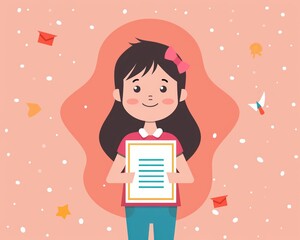 Happy girl holding a certificate with a cheerful expression, surrounded by colorful elements on a pink background.