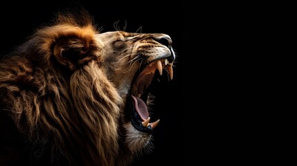 Fototapeta premium Lion roaring on black background.