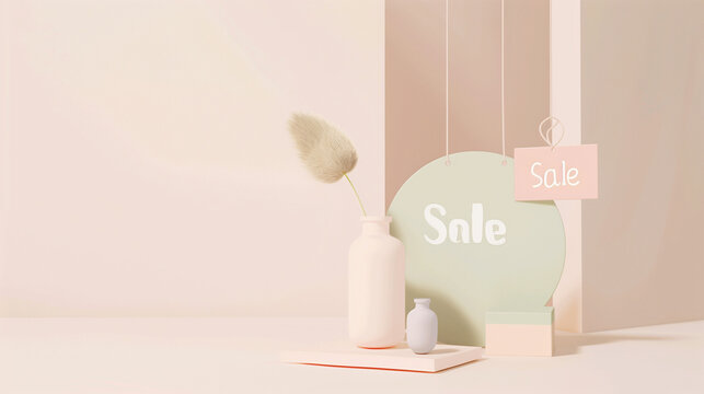 Soft pastel shades and clean lines shape this minimalist background, focusing on a large 'Sale' tag and percentage discounts, perfect for an elegant discount campaign.

