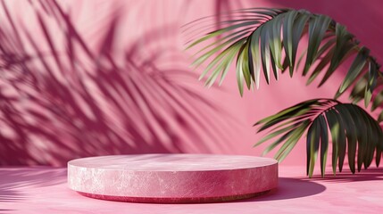 Obraz premium Pink Marble Podium With Palm Leaf And Shadow