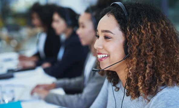 Girl, office and happy in call center for customer support, consulting and outbound telemarketing for sales. Woman, consultant and headphones for communication, listening and contact us for advice.