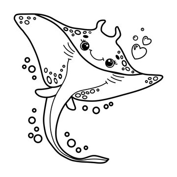 recommend clip art: Cute cartoon smiling stingray with bubbles. Black and white outline vector Illustration. Children's coloring page book