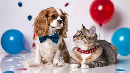 Cavalier king charles spaniel dog and gray striped cat celebrating Independence Day. Backdrop for 4th of July or birthday party.