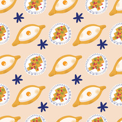 Georgian national dishes seamless pattern. Menu in restaurant. Khachapuri, khinkali, dumplings, wine, pomegranate, dish. Classic dishes for lunch and dinner. Vector illustration isolated on background