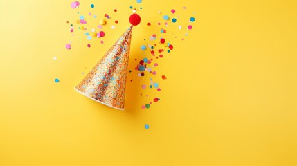 Festive holiday decor with vibrant multicolored confetti and colorful party hat on bright yellow background, perfect for birthday celebrations


