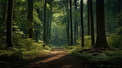 Obraz premium Sunlit Path Through a Lush Green Forest