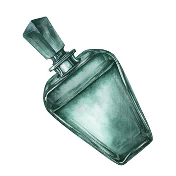 recommend clip art: Green vintage glass universal bottle with glass stopper. Watercolor illustration for template design of vase, liqueur, amaretto, perfume, oil, liquid, aromatherapy, drinks, alcohol, alchemy, magic